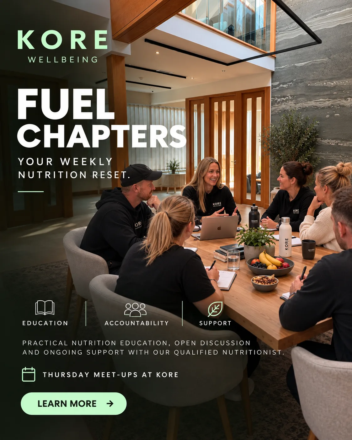 Fuel Chapters promotional artwork — your weekly nutrition reset, Thursday meet-ups at KORE